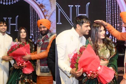 Haryana Chief Minister Nayab Singh Saini congratulating Olympic gold medallist Neeraj Chopra and tennis player Himani Mor at their wedding reception in Karnal, Haryana