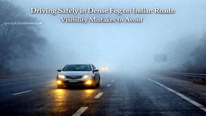 घनी धुंध में सड़क पर कार चलाते समय पीली फॉग लाइट और सफेद हेडलाइट की विजिबिलिटी का अंतर दिखाता दृश्य