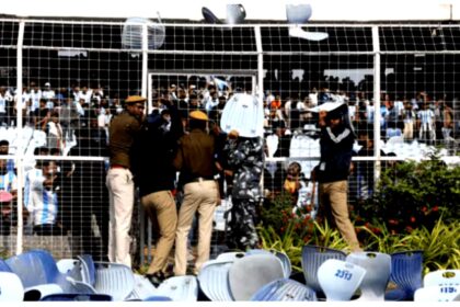 **ALT TEXT:** West Bengal Chief Minister Mamata Banerjee apologising after chaos at Salt Lake Stadium during Lionel Messi’s visit in Kolkata