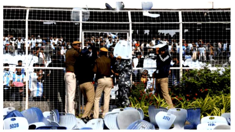 **ALT TEXT:** West Bengal Chief Minister Mamata Banerjee apologising after chaos at Salt Lake Stadium during Lionel Messi’s visit in Kolkata