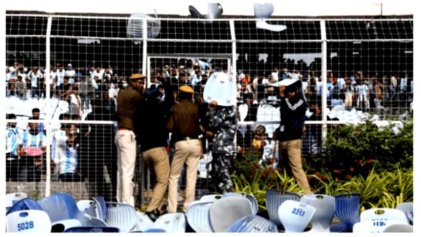 **ALT TEXT:** West Bengal Chief Minister Mamata Banerjee apologising after chaos at Salt Lake Stadium during Lionel Messi’s visit in Kolkata