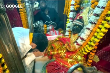 JDU MLA Amrendra Kumar offering a gold necklace and crown to Maa Thave Bhavani during the grand shringar ceremony at Thave Temple, Gopalganj, Bihar.