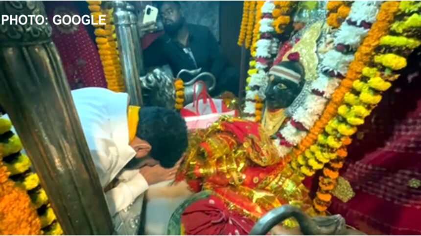 JDU MLA Amrendra Kumar offering a gold necklace and crown to Maa Thave Bhavani during the grand shringar ceremony at Thave Temple, Gopalganj, Bihar.