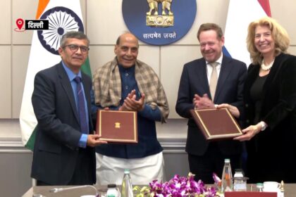 नीदरलैंड्स के विदेश मंत्री डेविड वैन वील और भारत के रक्षा मंत्री राजनाथ सिंह की नई दिल्ली में हुई उच्चस्तरीय रक्षा एवं रणनीतिक बैठक