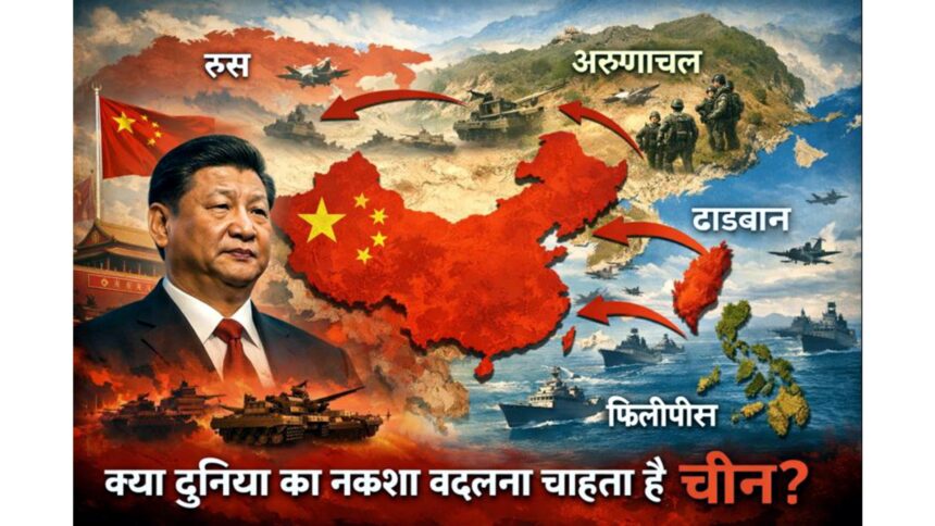 चीन की विस्तारवादी रणनीति दर्शाती डिजिटल इमेज, जिसमें अरुणाचल प्रदेश, ताइवान और फिलीपींस तक बढ़ते क्षेत्रीय दावे और वैश्विक भू-राजनीतिक तनाव को दिखाया गया है