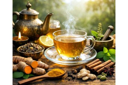 A cup of Ayurvedic tea made with herbal ingredients like ginger, tulsi and spices for a healthy and energetic morning routine