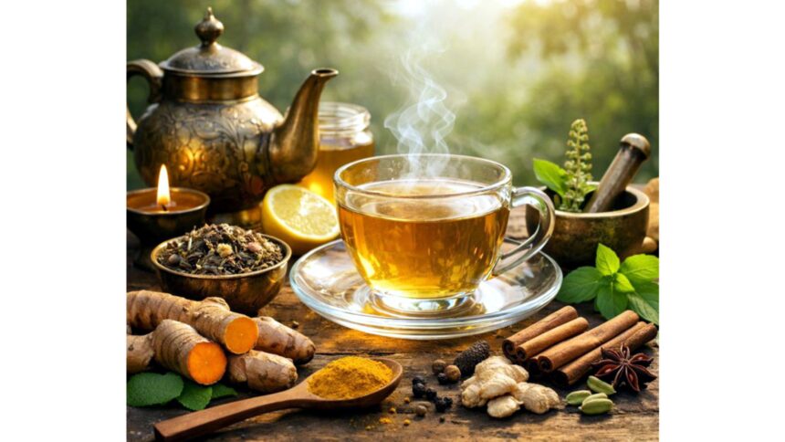 A cup of Ayurvedic tea made with herbal ingredients like ginger, tulsi and spices for a healthy and energetic morning routine