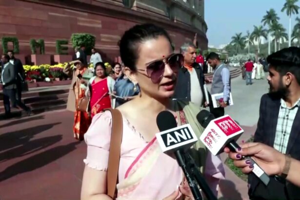 Kangana Ranaut speaking to reporters after attending the NDA parliamentary meeting in New Delhi