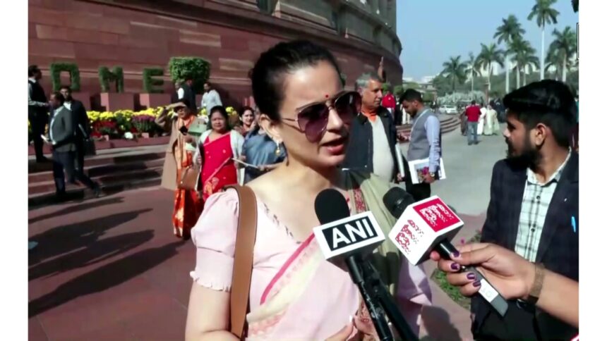 Kangana Ranaut speaking to reporters after attending the NDA parliamentary meeting in New Delhi