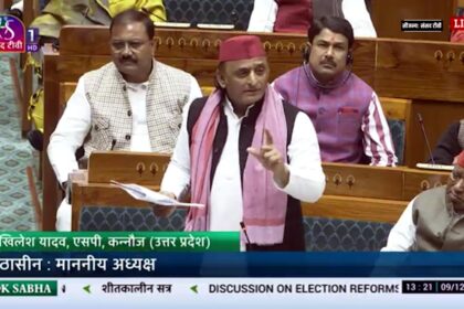 Akhilesh Yadav speaking during a heated SIR debate in the Lok Sabha as members raise objections.