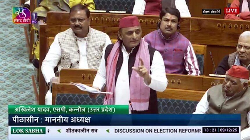 Akhilesh Yadav speaking during a heated SIR debate in the Lok Sabha as members raise objections.