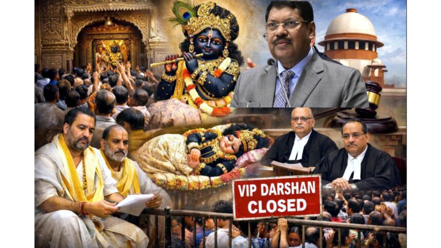 वृंदावन के बांके बिहारी मंदिर में दर्शन समय को लेकर चल रहा विवाद, सुप्रीम कोर्ट में सुनवाई और परंपरा बनाम व्यवस्था की बहस को दर्शाता दृश्य