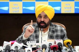 Punjab Chief Minister Bhagwant Mann addressing a press conference on SGPC and Akali Dal controversy related to missing Guru Granth Sahib swaroops.