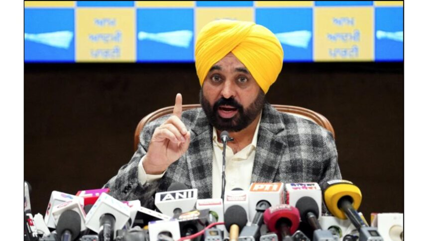 Punjab Chief Minister Bhagwant Mann addressing a press conference on SGPC and Akali Dal controversy related to missing Guru Granth Sahib swaroops.