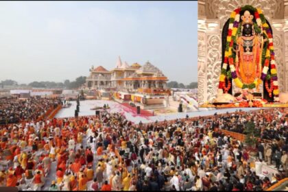 Devotees celebrating the second anniversary of Ram Mandir Pran Pratishtha at Ayodhya with illuminated temple, prayers, and spiritual atmosphere.
