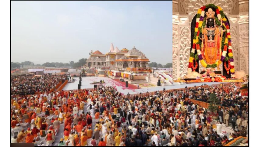 Devotees celebrating the second anniversary of Ram Mandir Pran Pratishtha at Ayodhya with illuminated temple, prayers, and spiritual atmosphere.