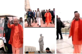 UP CM Yogi Adityanath inspecting Rashtra Prerna Sthal in Lucknow ahead of PM Modi inauguration