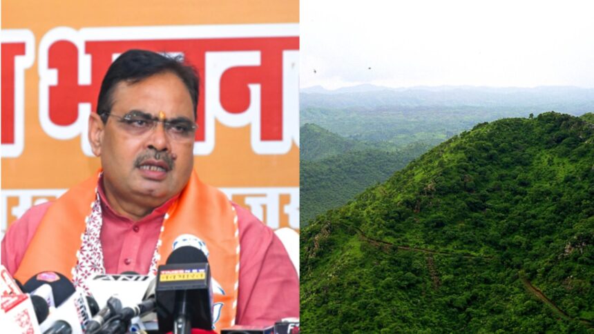 Rajasthan Chief Minister Bhajanlal Sharma addressing media while attacking former CM Ashok Gehlot over the Aravalli issue in Jaipur