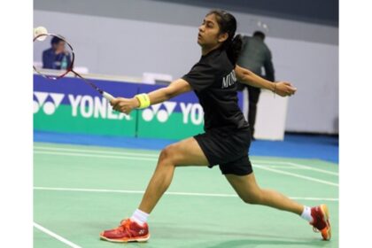 Senior National Badminton Championship final match in action showing women’s singles Tamiri vs Tanvi and men’s singles Ritvik vs Bharat competing for the national title in India.