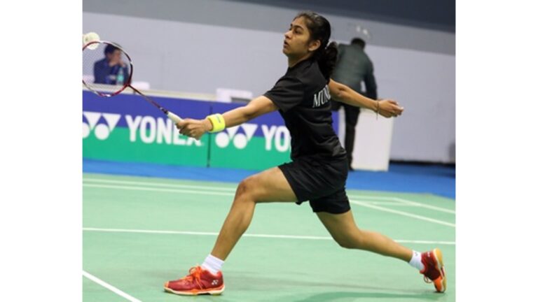 Senior National Badminton Championship final match in action showing women’s singles Tamiri vs Tanvi and men’s singles Ritvik vs Bharat competing for the national title in India.