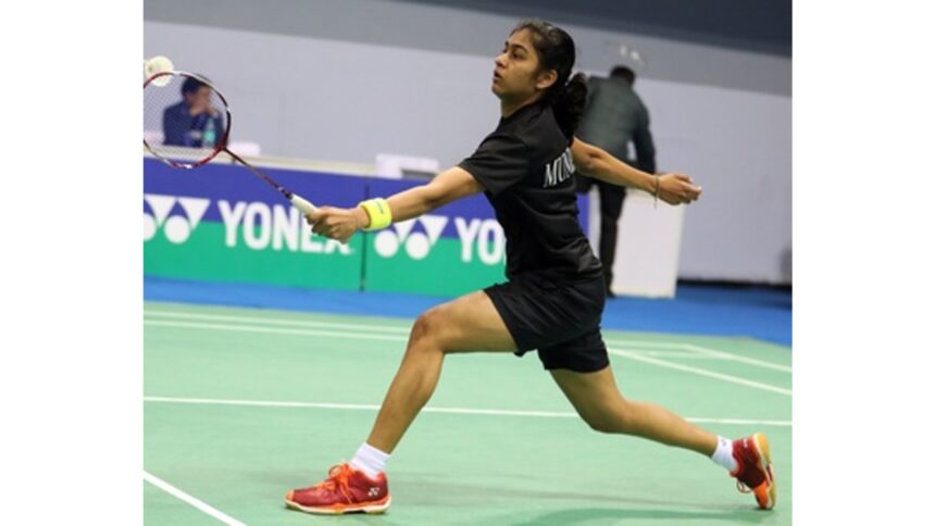 Senior National Badminton Championship final match in action showing women’s singles Tamiri vs Tanvi and men’s singles Ritvik vs Bharat competing for the national title in India.
