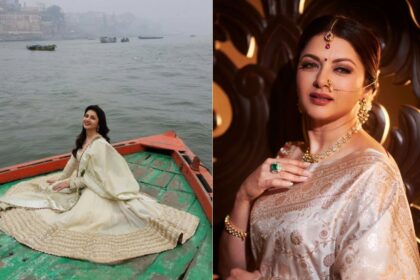 Maine Pyar Kiya’ fame actress Bhagyashree posing at Varanasi Ganga Ghat during her spiritual visit