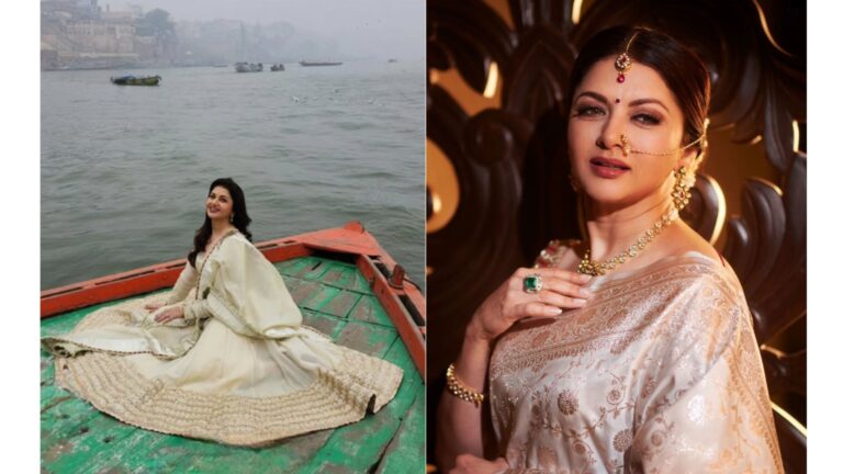 Maine Pyar Kiya’ fame actress Bhagyashree posing at Varanasi Ganga Ghat during her spiritual visit