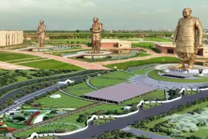 Rashtriya Prerna Sthal Lucknow illuminated with laser lights and fountains ahead of Prime Minister Narendra Modi’s inauguration ceremony on December 25.