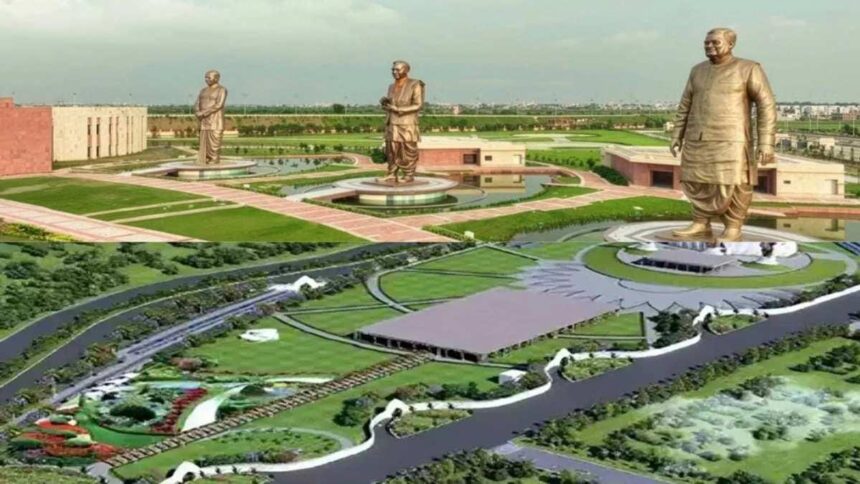 Rashtriya Prerna Sthal Lucknow illuminated with laser lights and fountains ahead of Prime Minister Narendra Modi’s inauguration ceremony on December 25.