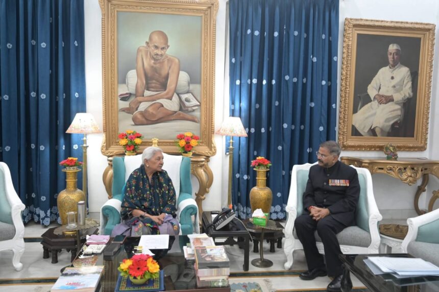 Former UP DGP Prashant Kumar meets Uttar Pradesh Governor Anandiben Patel at Raj Bhavan, Lucknow after his appointment as Chairman of the Uttar Pradesh Education Service Selection Commission.