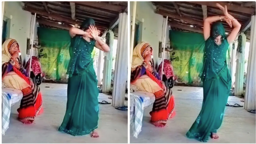 Ghoonghat saree dance viral video of an Indian bahu performing confident dance moves in front of her supportive mother-in-law