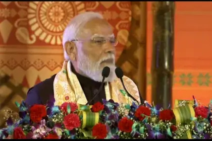 Prime Minister Narendra Modi addresses Bagurumba Dwhou 2026 in Guwahati, Assam.