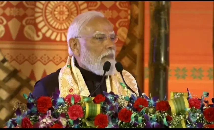 Prime Minister Narendra Modi addresses Bagurumba Dwhou 2026 in Guwahati, Assam.