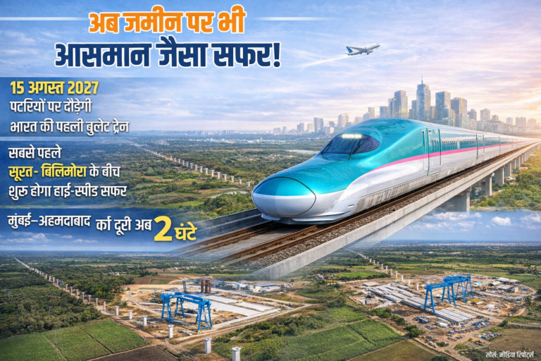 India’s first bullet train on the Mumbai–Ahmedabad high-speed rail corridor, showcasing modern train technology and world-class infrastructure