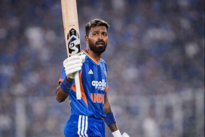 Hardik Pandya celebrates his explosive 68-ball century after smashing five sixes and a four in the final over