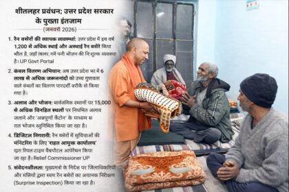 Uttar Pradesh Chief Minister Yogi Adityanath distributing blankets to elderly homeless people at a night shelter during the stat