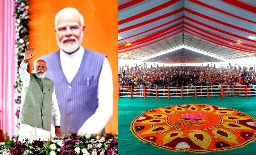 Prime Minister Narendra Modi addressing a massive BJP rally in Singur, West Bengal, with party supporters and flags visible at the venue.
