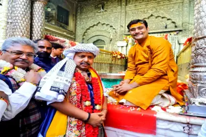 BJP leader Nitin Nabin offering prayers at Shri Banke Bihari Temple in Vrindavan.