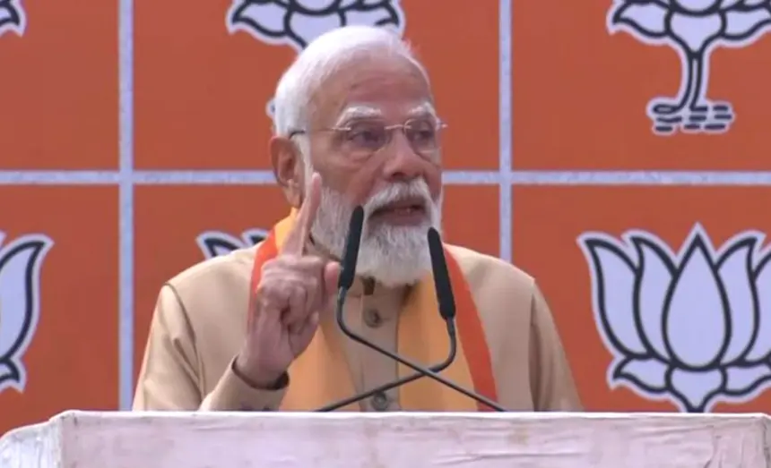 Prime Minister Narendra Modi addressing BJP workers at the party headquarters in New Delhi during the ceremony where Nitin Nabin took charge as BJP national president.