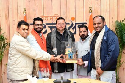 Uttarakhand Chief Minister Pushkar Singh Dhami meeting newly appointed BJP Yuva Morcha district presidents at the official residence in Dehradun.