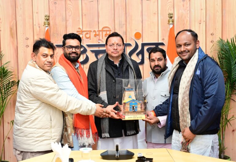 Uttarakhand Chief Minister Pushkar Singh Dhami meeting newly appointed BJP Yuva Morcha district presidents at the official residence in Dehradun.