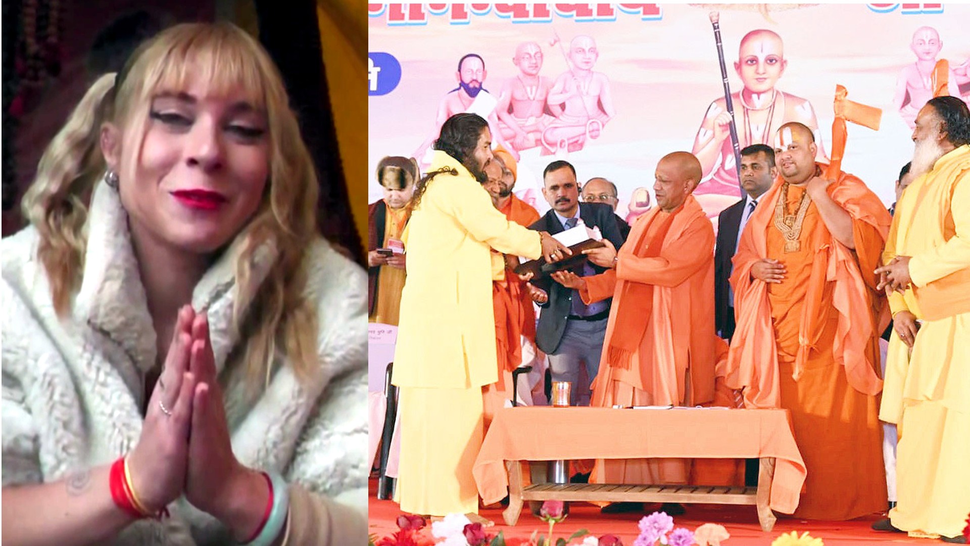 Foreign devotees chanting ‘Har Har Mahadev’ with Indian pilgrims at Triveni Sangam during Magh Mela 2026 in Prayagraj, Uttar Pradesh.