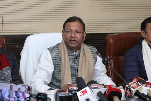 BJP Pradesh President Pankaj Chaudhary addressing a press conference on rural development and poverty reduction in Uttar Pradesh