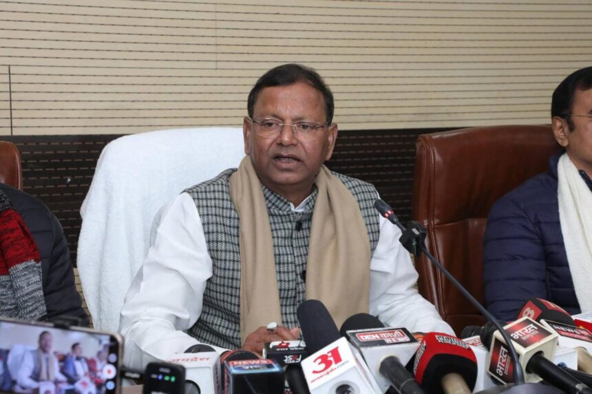 BJP Pradesh President Pankaj Chaudhary addressing a press conference on rural development and poverty reduction in Uttar Pradesh