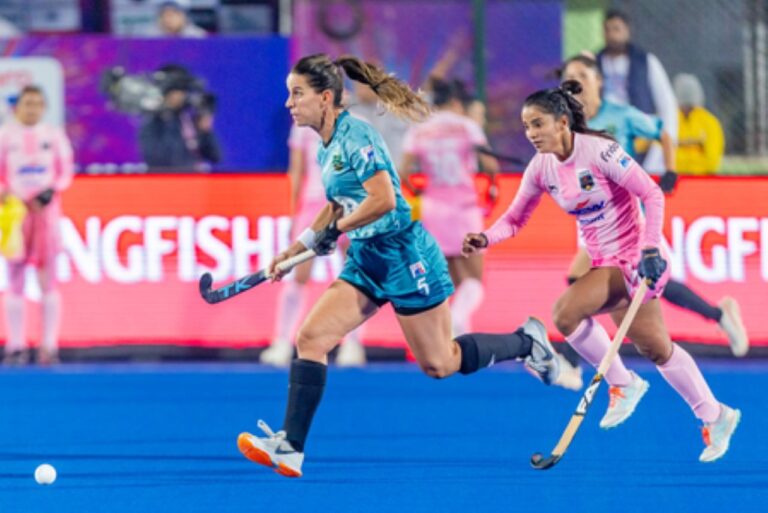 JSW Soorma Hockey Club players celebrating maiden win against Ranchi Royals in Women’s HIL match