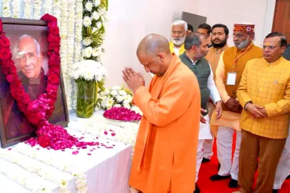 Uttar Pradesh Chief Minister Yogi Adityanath paying floral tribute during his condolence visit at Saharanpur, Uttar Pradesh.