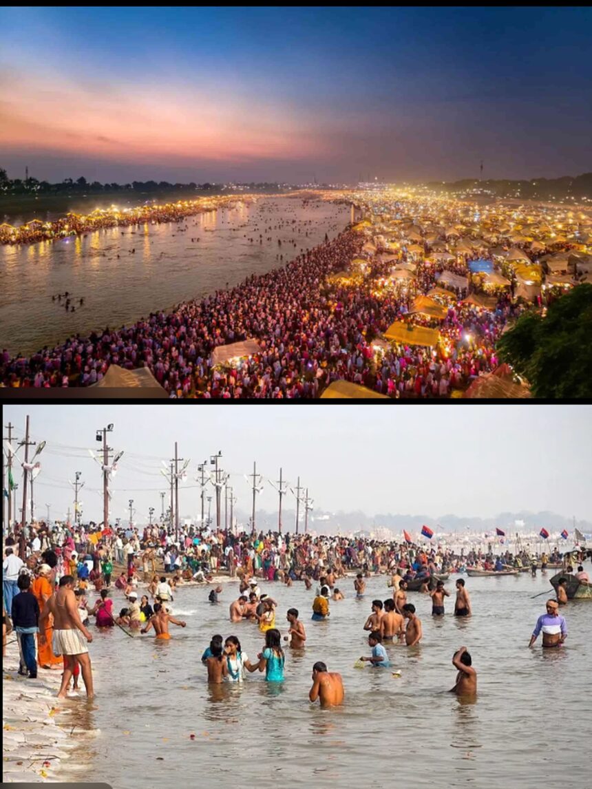 Devotees taking a holy dip at Triveni Sangam in Prayagraj during Paush Purnima at Magh Mela 2026 under tight security and grand arrangements.