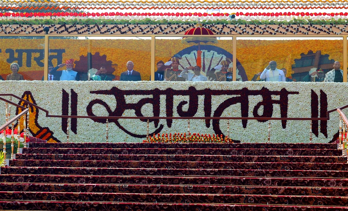 Republic Day 2026 parade at Kartavya Path showcasing BrahMos and Akash missile systems