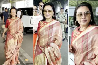 Rani Mukherjee red saree airport look: मुंबई एयरपोर्ट पर लाल साड़ी में ग्लैमरस अंदाज़ में रानी मुखर्जी