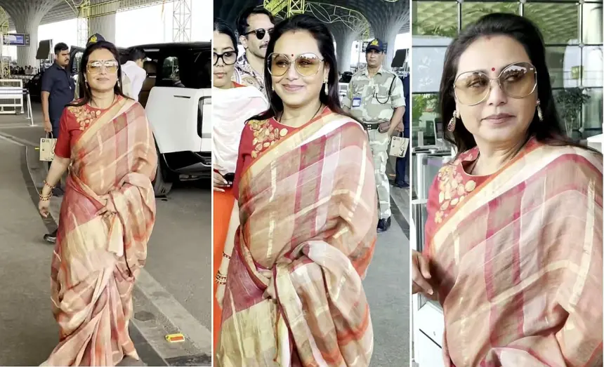 Rani Mukherjee red saree airport look: मुंबई एयरपोर्ट पर लाल साड़ी में ग्लैमरस अंदाज़ में रानी मुखर्जी